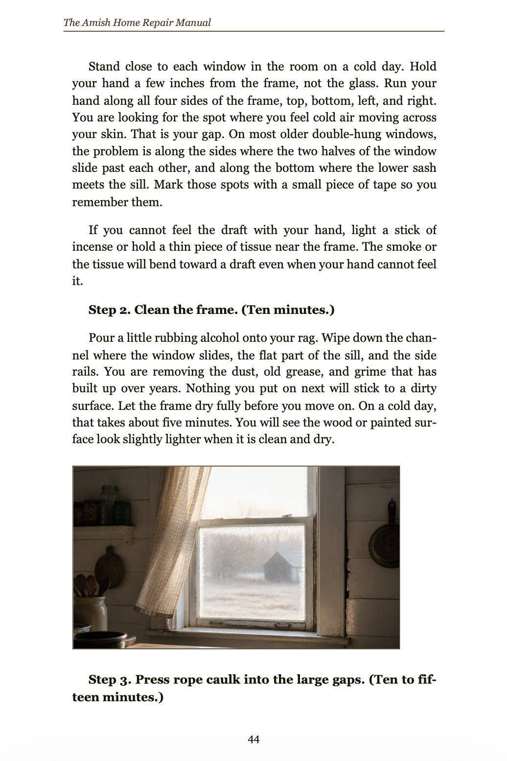 A real page from Chapter 4 of the book, showing the window-sealing steps and a photograph of a frosty farmhouse window at dawn.